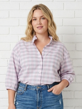 Load image into Gallery viewer, Ruffled Collar Blouse - pink grey plaid XL