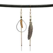 Load image into Gallery viewer, Mixed Metals Asymmetric Feather Duster Earrings - howlite