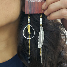 Load image into Gallery viewer, Mixed Metals Asymmetric Feather Duster Earrings - howlite