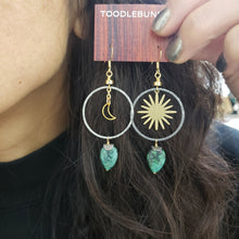 Load image into Gallery viewer, Asymmetric Turquoise Moon and Stars Hoop Earrings