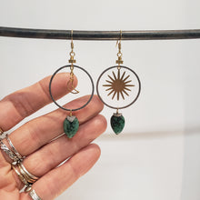 Load image into Gallery viewer, Asymmetric Turquoise Moon and Stars Hoop Earrings