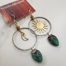 Load image into Gallery viewer, Asymmetric Turquoise Moon and Stars Hoop Earrings