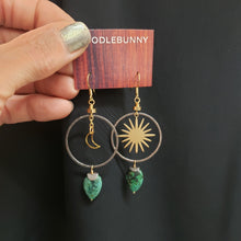Load image into Gallery viewer, Asymmetric Turquoise Moon and Stars Hoop Earrings