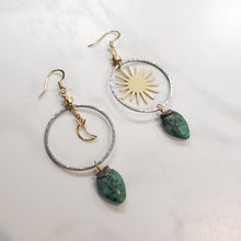 Load image into Gallery viewer, Asymmetric Turquoise Moon and Stars Hoop Earrings