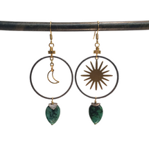 Load image into Gallery viewer, Asymmetric Turquoise Moon and Stars Hoop Earrings