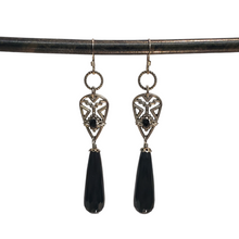 Load image into Gallery viewer, Aztec Pewter Black Onyx Drop Earrings