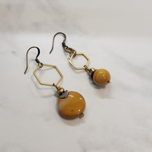 Load image into Gallery viewer, Asymmetric Hexagon Mustard Mookaite Stone Drop Earrings