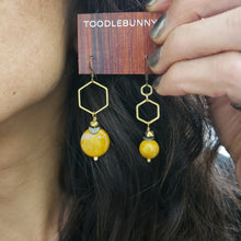 Load image into Gallery viewer, Asymmetric Hexagon Mustard Mookaite Stone Drop Earrings