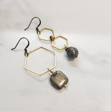 Load image into Gallery viewer, Asymmetric Hexagon Pyrite Drop Earrings