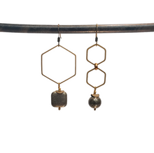 Load image into Gallery viewer, Asymmetric Hexagon Pyrite Drop Earrings