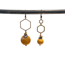 Load image into Gallery viewer, Asymmetric Hexagon Mustard Mookaite Stone Drop Earrings