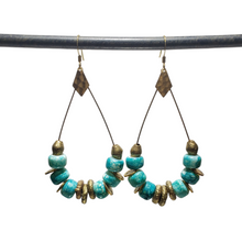 Load image into Gallery viewer, African Brass Teardrop Hoop Earrings - Aqua Blue