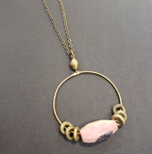 Load image into Gallery viewer, African Brass Hoop Pendant Necklace - Peruvian Pink Opal