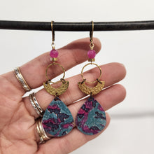 Load image into Gallery viewer, Geometric Tropical Leaf Tin Earrings II - Fushia