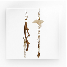 Load image into Gallery viewer, Asymmetric Twig Y Stone Bird Earrings - Honey Jade