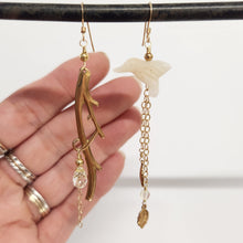Load image into Gallery viewer, Asymmetric Twig Y Stone Bird Earrings - Honey Jade