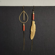 Load image into Gallery viewer, Asymmetric Brass Feather Duster Earrings - Red Jasper