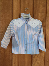 Load image into Gallery viewer, Ruffled Collar Blouse - pink blue linen applique XS
