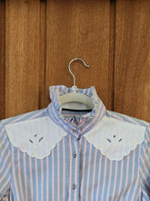 Load image into Gallery viewer, Ruffled Collar Blouse - pink blue linen applique XS