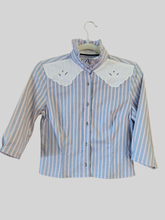 Load image into Gallery viewer, Ruffled Collar Blouse - pink blue linen applique XS