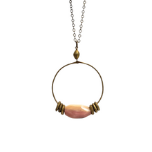 Load image into Gallery viewer, African Brass Hoop Pendant Necklace - Peruvian Pink Opal
