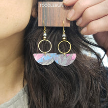 Load image into Gallery viewer, Geometric Tropical Leaf Tin Earrings - Blue Pearl