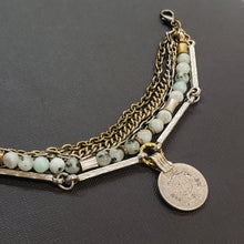 Load image into Gallery viewer, Kuchi Coin Multi Chain Layered Stone Bracelet - Sesame Kiwi Jasper
