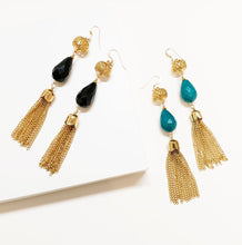 Load image into Gallery viewer, Vintage filigree stone tassel duster earrings - Jet Black or Aqua Blue