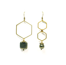 Load image into Gallery viewer, Asymmetric Hexagon Pyrite Drop Earrings