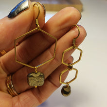 Load image into Gallery viewer, Asymmetric Hexagon Pyrite Drop Earrings