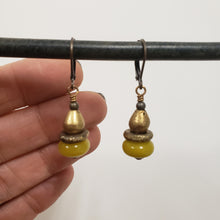 Load image into Gallery viewer, African Brass Drop Earrings - Olive Jade