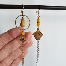 Load image into Gallery viewer, Asymmetric Floral Birdhouse Tulip Earrings