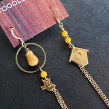 Load image into Gallery viewer, Asymmetric Floral Birdhouse Tulip Earrings