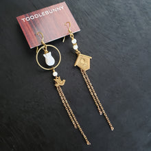 Load image into Gallery viewer, Asymmetric Floral Birdhouse Tulip Earrings