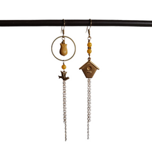 Load image into Gallery viewer, Asymmetric Floral Birdhouse Tulip Earrings