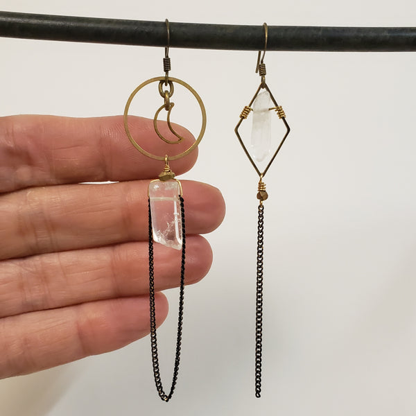 Asymmetric Crystal Quartz Moon Earrings