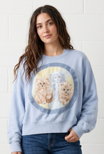 Load image into Gallery viewer, Reworked Quilted Lace Kitties Crewneck - Periwinkle SZ L/XL
