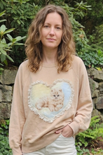 Load image into Gallery viewer, Reworked Lace Heart Kitty Crewneck - Sand SZ L/XL

