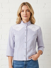 Load image into Gallery viewer, Ruffled Collar Blouse - pink blue linen applique XS

