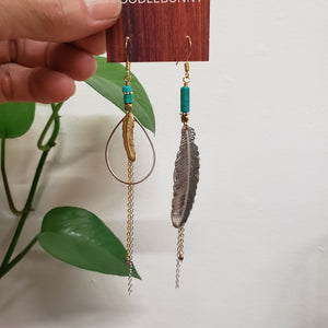 Mixed Metals Asymmetric Feather Duster Earrings - Turquoise