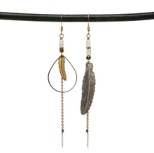 Load image into Gallery viewer, Mixed Metals Asymmetric Feather Duster Earrings
