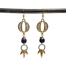 Load image into Gallery viewer, Lapis Eye Mixed Metal Spiked Fringe Earrings
