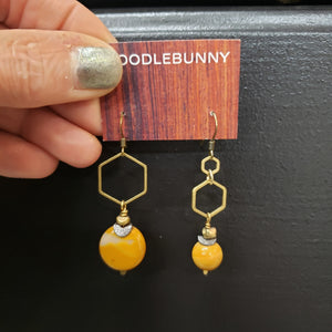 Asymmetric Hexagon Mustard Mookaite Stone Drop Earrings