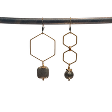 Load image into Gallery viewer, Asymmetric Hexagon Pyrite Drop Earrings
