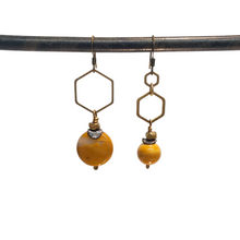 Load image into Gallery viewer, Asymmetric Hexagon Mustard Mookaite Stone Drop Earrings
