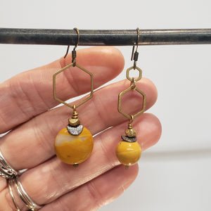 Asymmetric Hexagon Mustard Mookaite Stone Drop Earrings