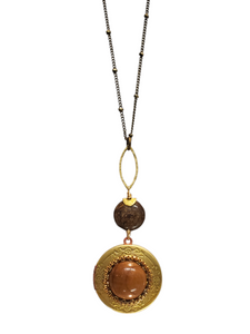 Round Vintage Locket Necklace - Bronzite and Wood