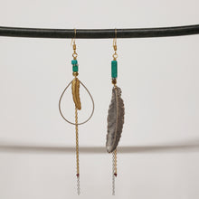 Load image into Gallery viewer, Mixed Metals Asymmetric Feather Duster Earrings - Turquoise
