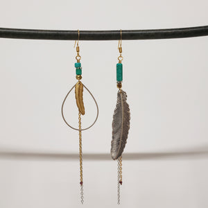 Mixed Metals Asymmetric Feather Duster Earrings - Turquoise