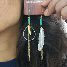 Load image into Gallery viewer, Mixed Metals Asymmetric Feather Duster Earrings - Turquoise
